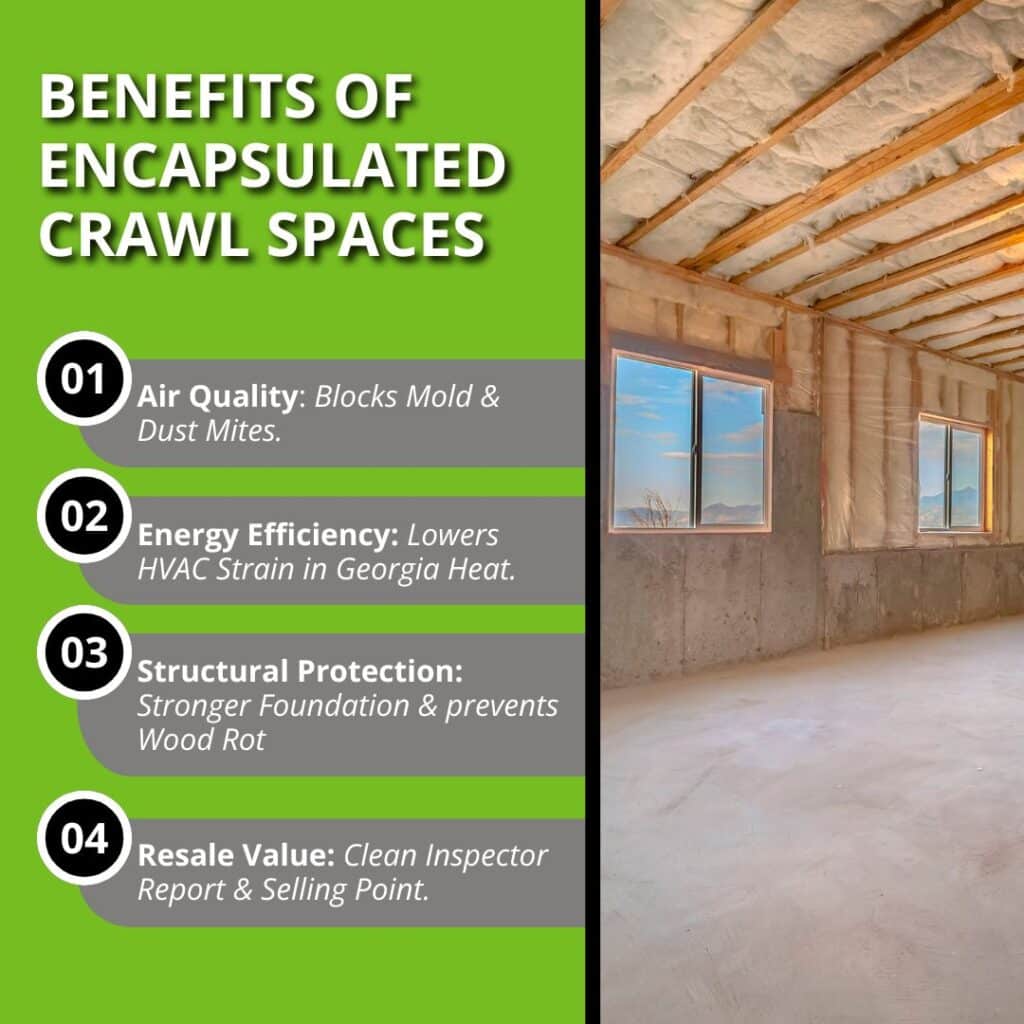 Infographic outlining four benefits of encapsulated crawl spaces—improved air quality, energy efficiency, structural protection, and higher resale value—next to a photo of a clean, insulated crawl space.