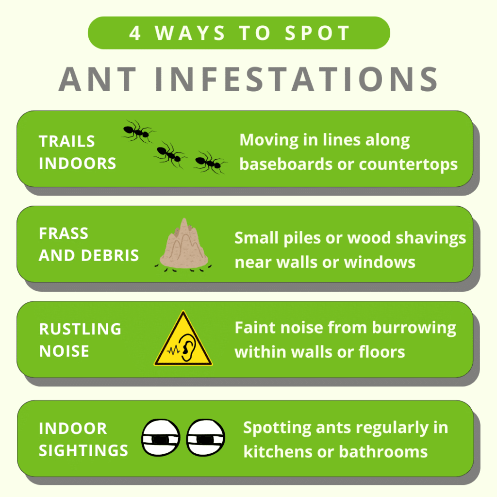 ants are easy to spot in trails, noises, frass, and large numbers