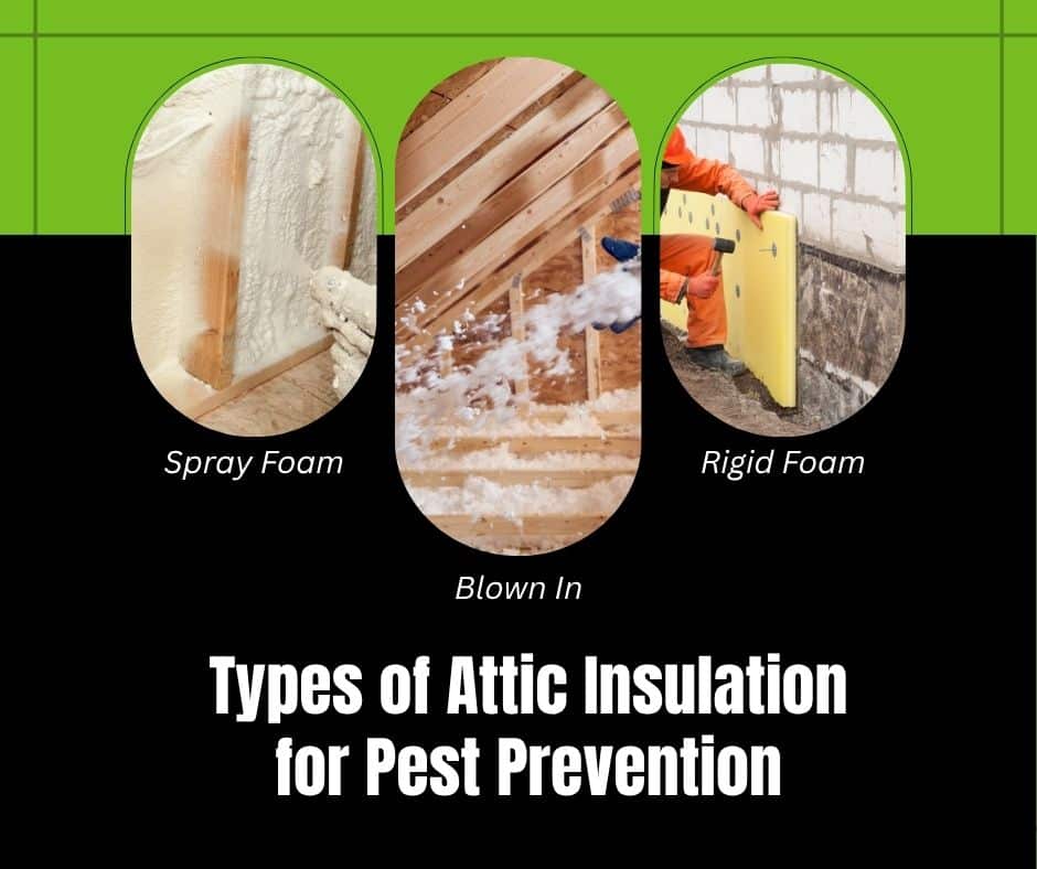 An infographic showing three types of attic insulation for pest prevention — spray foam, blown-in, and rigid foam — each displayed in a oval-framed photo against a black and green background.