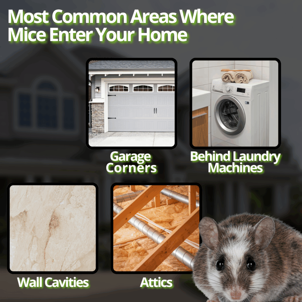 Illustration showing common entry points that mice use to get inside a home, such as attics, garages, and wall cavities.