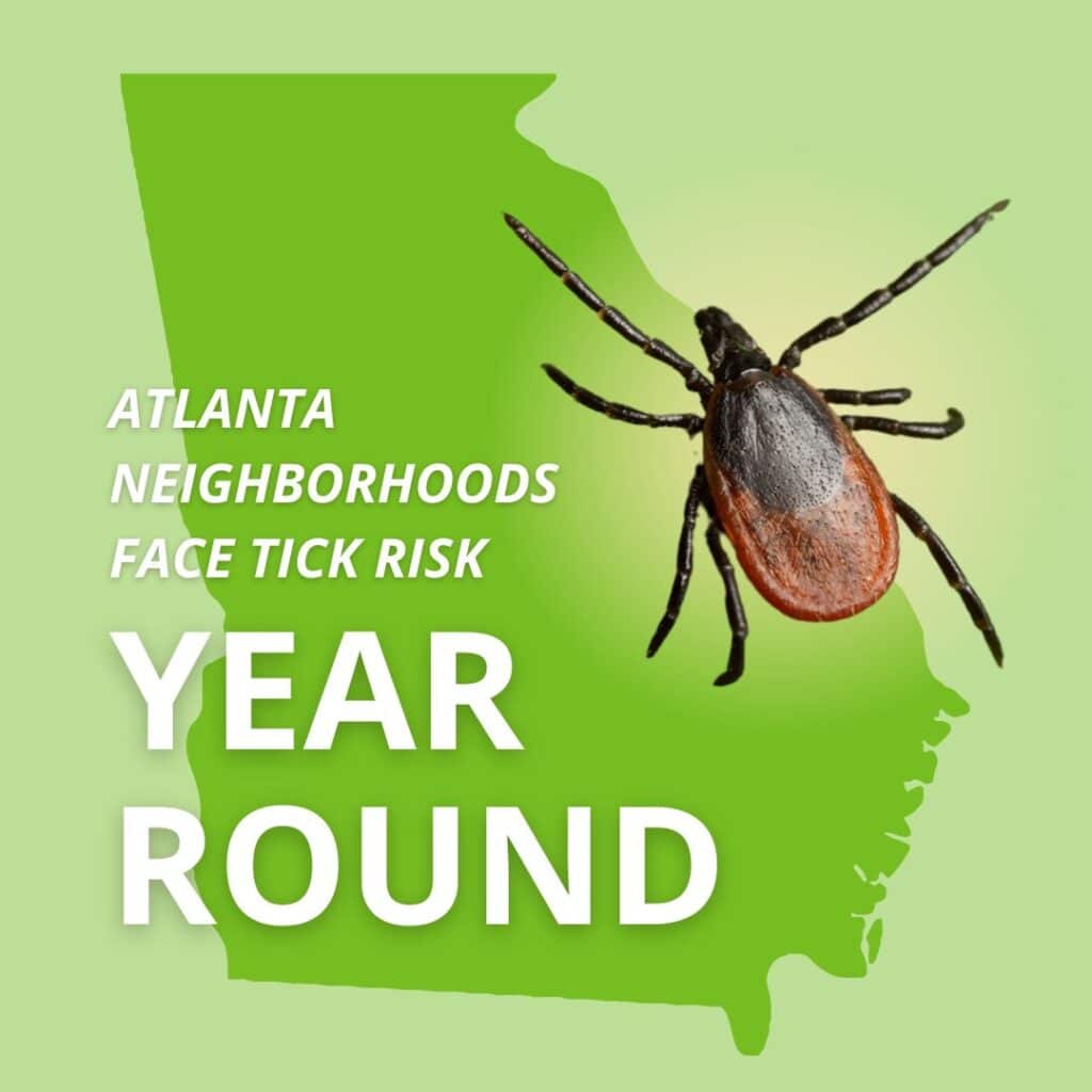 Infographic of a tick over a map of Georgia stating that Atlanta neighborhoods face year-round tick risk.