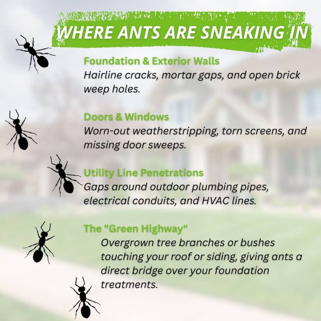 An infographic titled "Where Ants Are Sneaking In" featuring a trail of black ant silhouettes alongside a list of household entry points including foundations, doors and windows, utility lines, and overgrown landscaping.